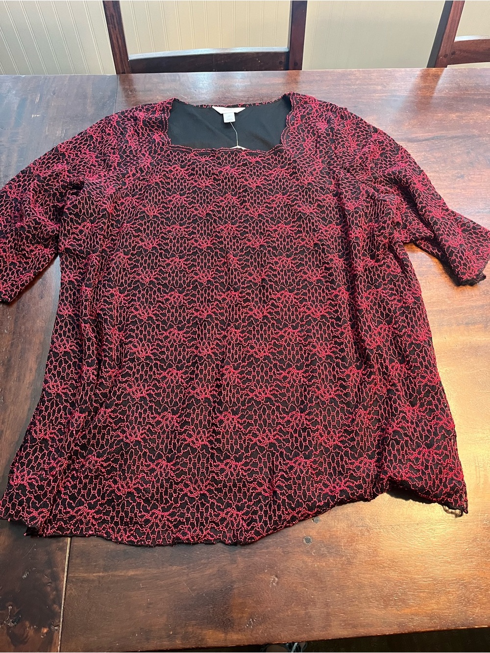 CJ Banks Black Blouse with Red Lace Overlay